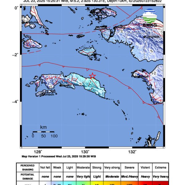 Gempa Berkekuatan 5,2 SR di 28 km BaratLaut SERAMBAGIANTIMUR-MALUKU Tidak Berpotensi Tsunami