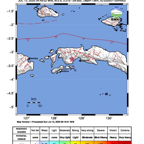 Gempa Berkekuatan 2,9 SR, pusat gempa berada di darat 14 km Barat Elpaputih, Seram Bagian Barat