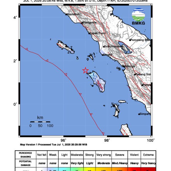 Gempa Berkekuatan 4,6 SR, pusat gempa berada di darat 40 km barat laut Nias Utara