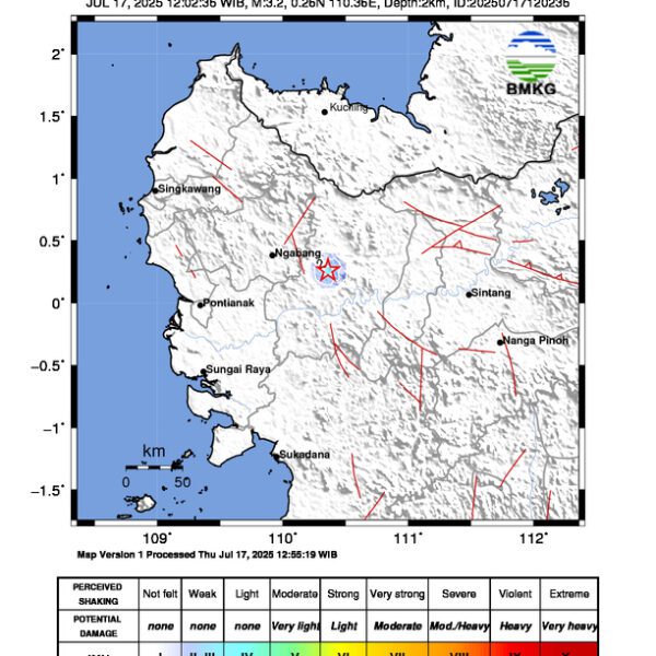 Gempa Berkekuatan 3,2 SR, pusat gempa berada di darat 22 km Barat laut Sanggau
