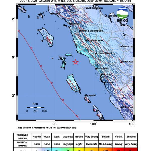 Gempa Berkekuatan 5,3 SR di 95 km BaratDaya PASAMANBARAT-SUMBAR Tidak Berpotensi Tsunami