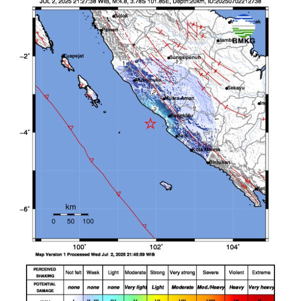 Gempa Berkekuatan 4,8 SR, pusat gempa berada di laut 54 km BaratDaya Bengkulu Utara