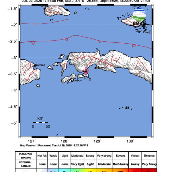 Gempa Berkekuatan 3,0 SR, pusat gempa berada di darat 18 km utara Saparua, Maluku Tengah
