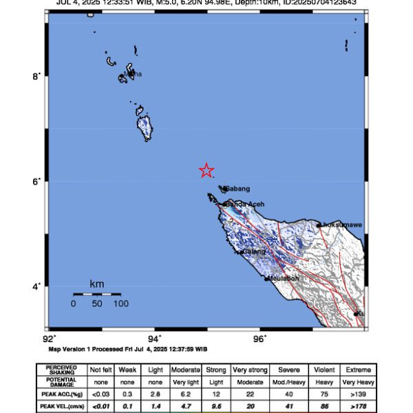Gempa Berkekuatan 5,0 SR di 50 km BaratLaut KOTA-SABANG-ACEH Tidak Berpotensi Tsunami