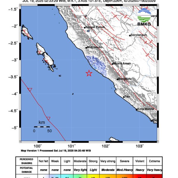 Gempa Berkekuatan 4,1 SR, pusat gempa berada di laut 76 km barat laut Bengkulu Utara