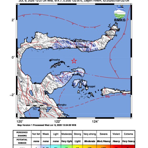 Gempa Berkekuatan 4,7 SR, pusat gempa berada di laut 87 km barat daya Bonebolango