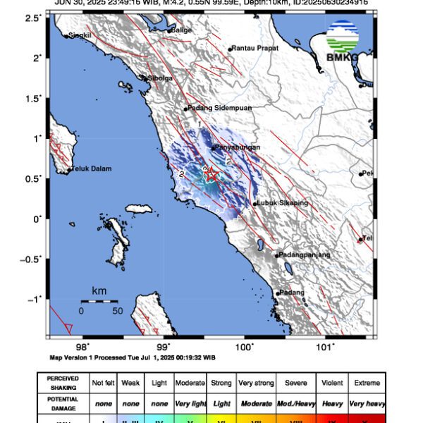 Gempa Berkekuatan 4,2 SR, pusat gempa berada di darat 35 km tenggara Mandailing Natal