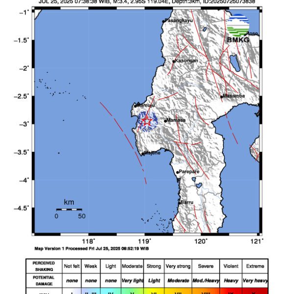 Gempa Berkekuatan 3,4 SR, pusat gempa berada di darat 17 km timur laut Majene