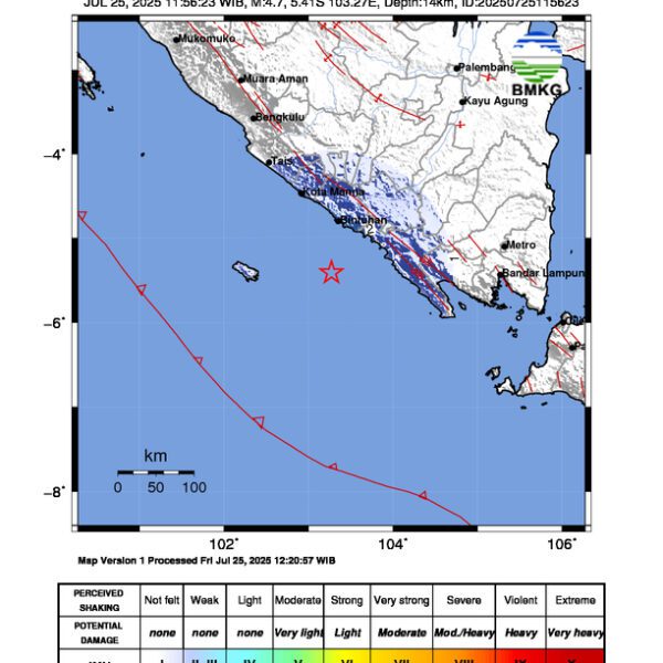 Gempa Berkekuatan 4,7 SR, pusat gempa berada di laut 69 km barat daya Kaur