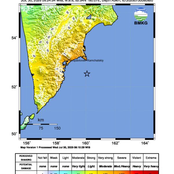 Gempa Berkekuatan 8,6 SR di 164 km Tenggara KAMCHATKA-RUSSIA Tidak Berpotensi Tsunami