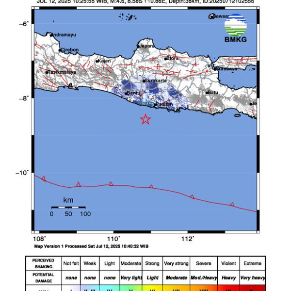 Gempa Berkekuatan 4,6 SR, pusat gempa berada di laut 52 km BaratDaya Pacitan