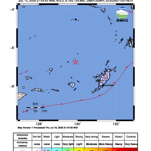 Gempa Berkekuatan 5,0 SR di 207 km BaratLaut TANIMBAR Tidak Berpotensi Tsunami
