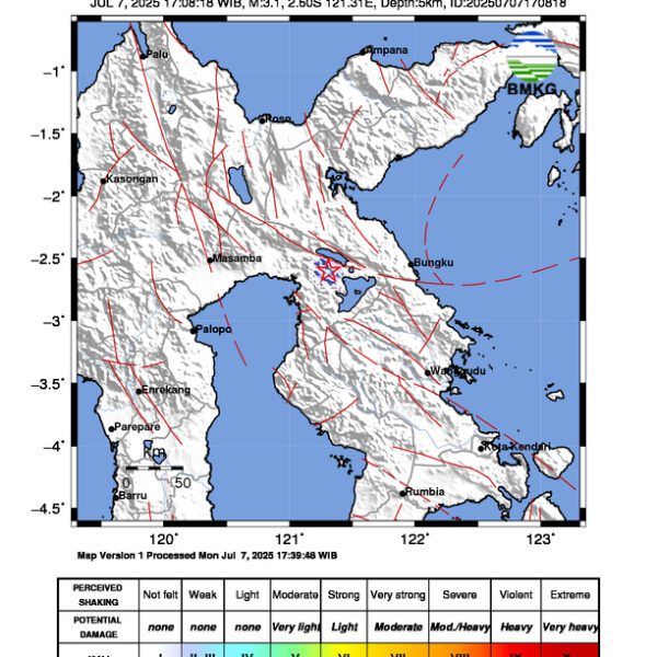 Gempa Berkekuatan 3,1 SR, pusat gempa berada di darat 15 km Tenggara Luwu Timur
