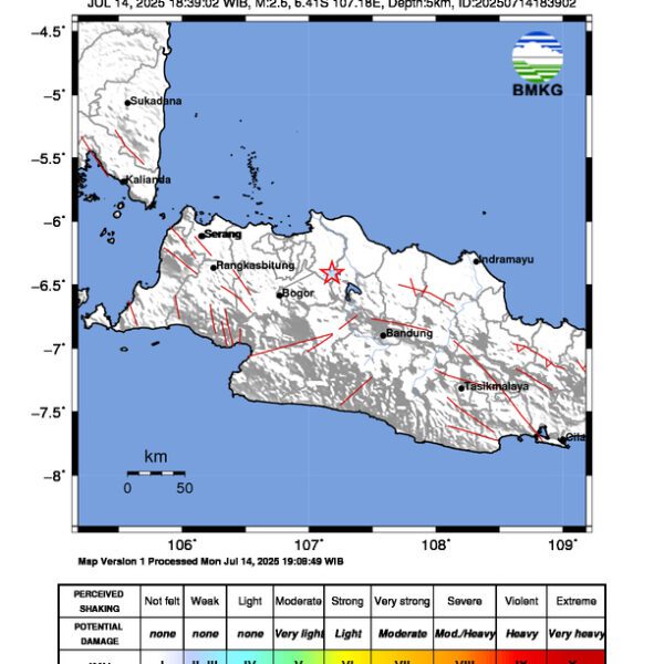 Gempa Berkekuatan 2,6 SR, pusat gempa berada di darat 5km Tenggara Kabupaten Bekasi