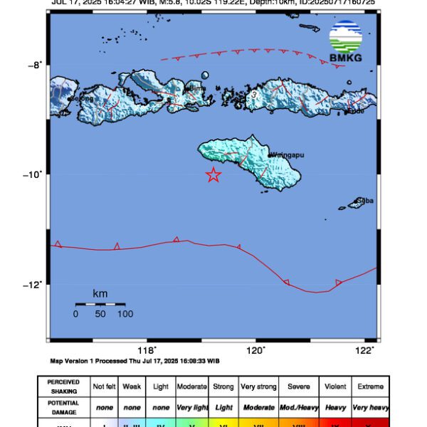 Gempa Berkekuatan 5,8 SR di 31 km BaratDaya WANOKAKA-NTT Tidak Berpotensi Tsunami