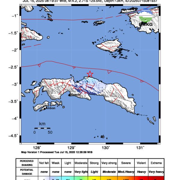 Gempa Berkekuatan 4,2 SR, pusat gempa berada di laut 12 km timur laut Wahai, Maluku Tengah