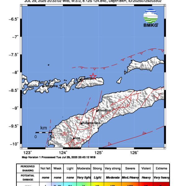 Gempa Berkekuatan 3,0 SR, pusat gempa berada di darat 37 km timur laut Alor