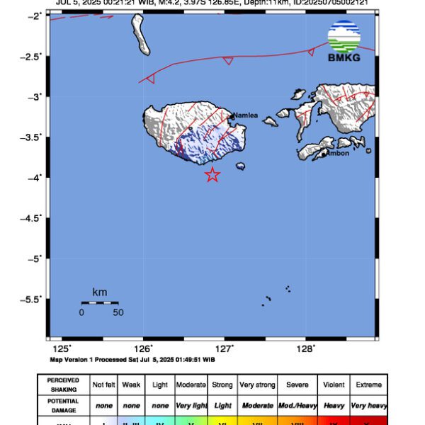 Gempa Berkekuatan 4,2 SR, pusat gempa berada dilaut 19 Km Tenggara Namrole-Buru Selatan
