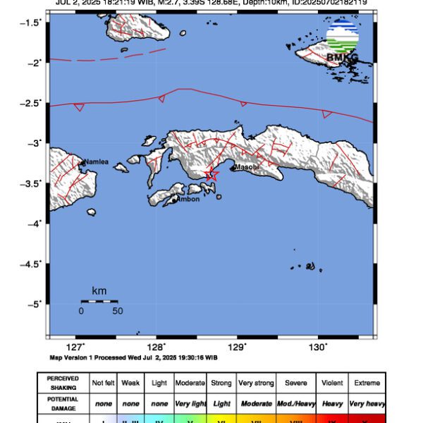 Gempa Berkekuatan 2,7 SR, pusat gempa berada di laut 4 km Utara Amalatu-Seram Bagian Barat