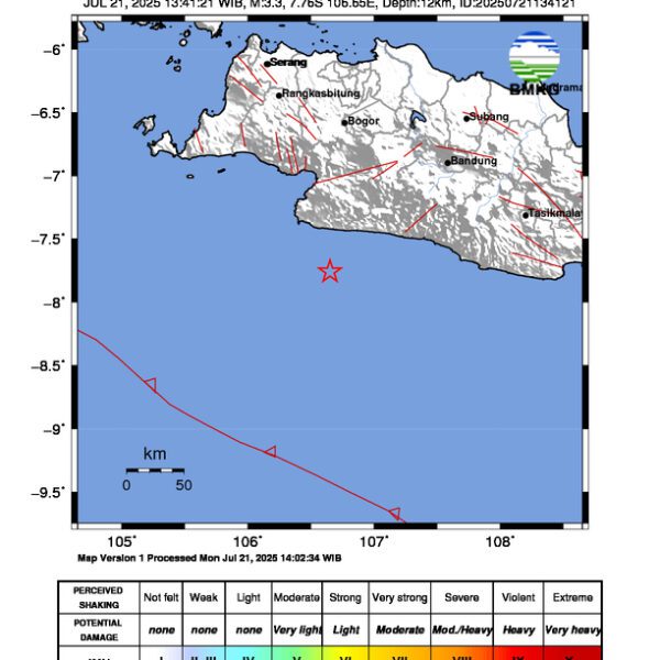 Gempa Berkekuatan 3,3 SR, pusat gempa berada di laut 86 km tenggara Kabupaten Sukabumi