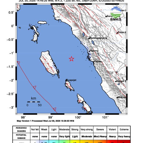 Gempa Berkekuatan 4,3 SR, pusat gempa berada di laut 73 km Barat Daya Padang