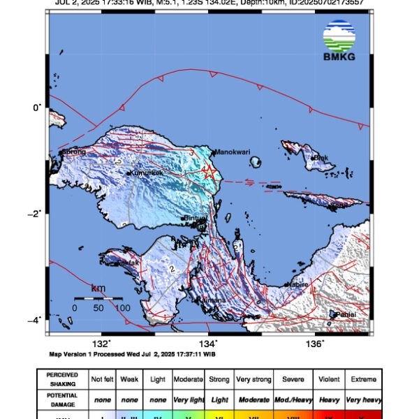 Gempa Berkekuatan 5,1 SR di 32 km BaratLaut RANSIKI-PAPUABRT Tidak Berpotensi Tsunami