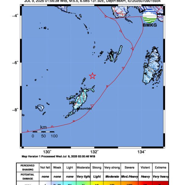 Gempa Berkekuatan 5,5 SR di 135 km BaratDaya MALUKUTENGGARA Tidak Berpotensi Tsunami