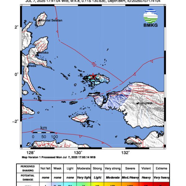Gempa Berkekuatan 4,8 SR, pusat gempa berada di darat 41 km BaratLaut Raja Ampat