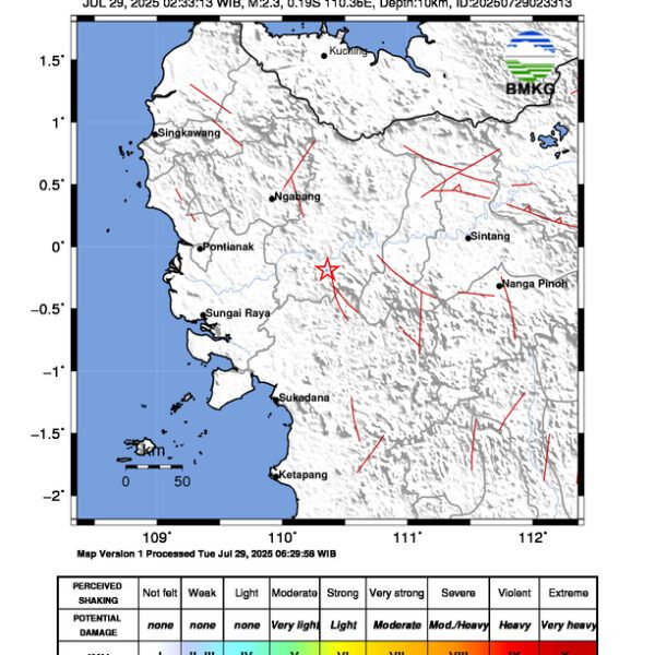 Gempa Berkekuatan 2,3 SR, pusat gempa berada di darat 40 km barat daya Sanggau