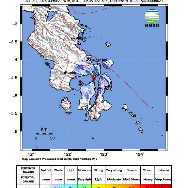 Gempa Berkekuatan 4,2 SR, pusat gempa berada di laut 3 km Timur Laut Towea-Muna