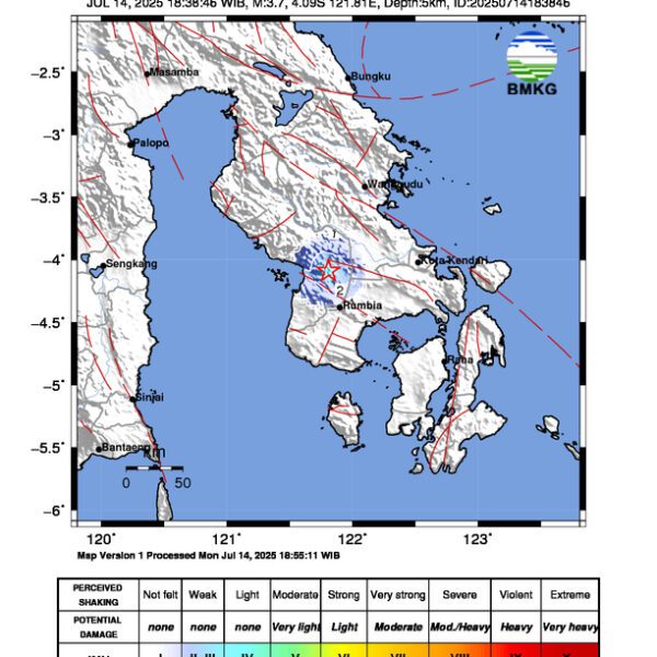Gempa Berkekuatan 3,7 SR, pusat gempa berada di darat 1 km Barat Laut Loea, Kolaka Timur