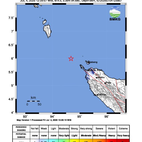 Gempa Berkekuatan 4,5 SR, pusat gempa berada di laut 30 km barat laut Kota Sabang
