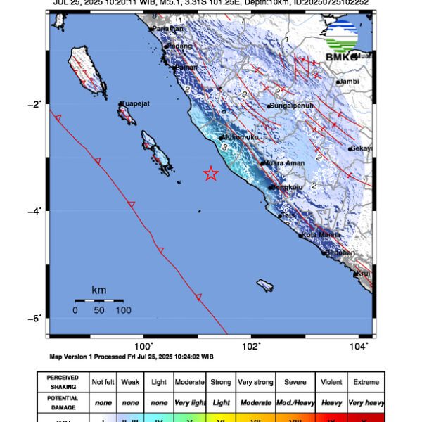 Gempa Berkekuatan 5,1 SR di 82 km Tenggara MUKOMUKO-BENGKULU Tidak Berpotensi Tsunami