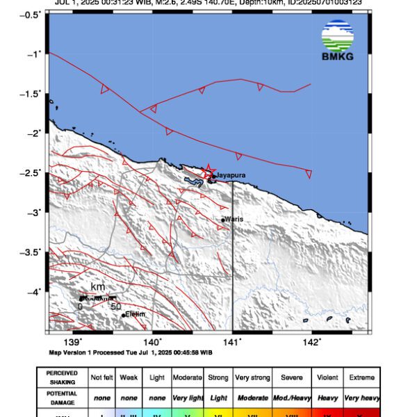 Gempa Berkekuatan 2,6 SR, pusat gempa berada di darat 8 km timur laut Kota Jayapura
