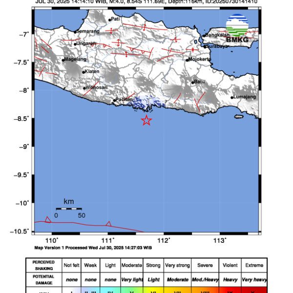 Gempa Berkekuatan 4,0 SR, pusat gempa berada di laut 50 km baratdaya Trenggalek