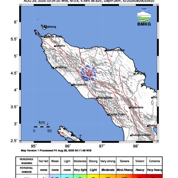 Gempa Berkekuatan 3,6 SR, pusat gempa berada di darat 29 km Barat Daya Takengon, Aceh Tengah