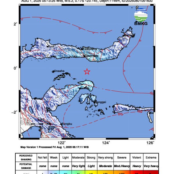 Gempa Berkekuatan 5,2 SR di 72 km TimurLaut PULAUPUAH-SULTENG Tidak Berpotensi Tsunami
