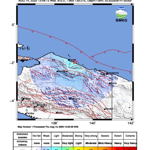 Gempa Berkekuatan 5,0 SR di 37 km Tenggara SARMI-PAPUA Tidak Berpotensi Tsunami