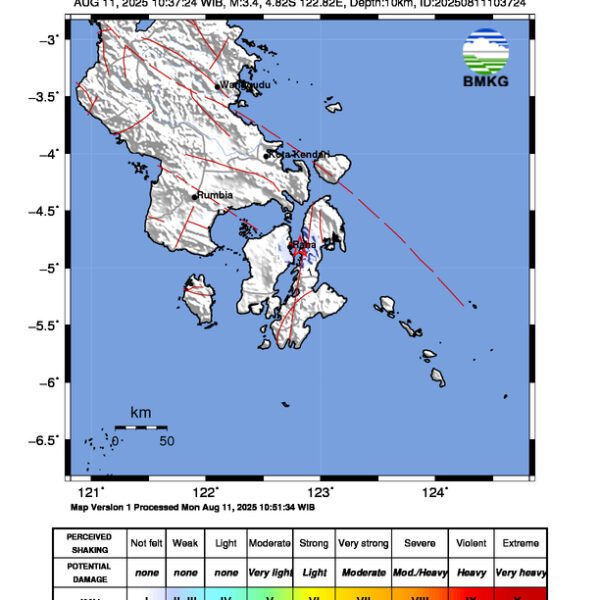 Gempa Berkekuatan 3,4 SR, pusat gempa berada di laut 4 km baratlaut Wakorumba Selatan, Muna