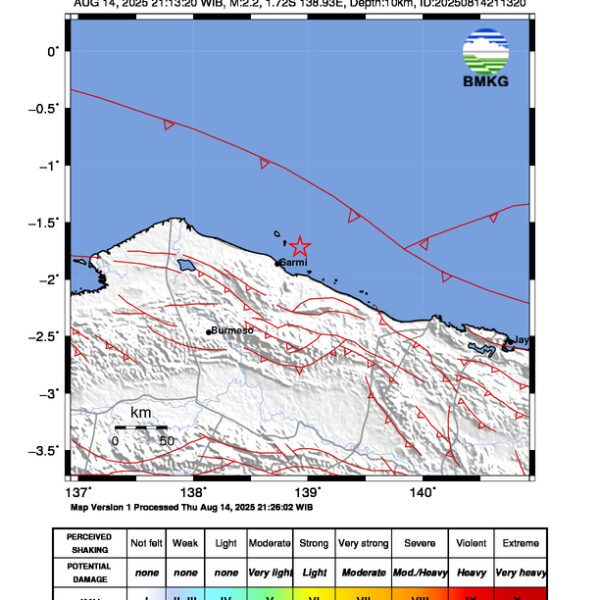 Gempa Berkekuatan 2,2 SR, pusat gempa berada di laut 26 km Timur laut Sarmi