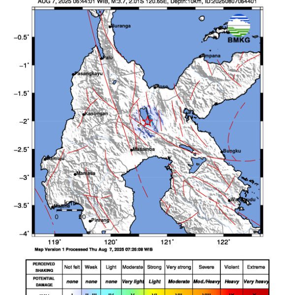 Gempa Berkekuatan 3,7 SR, pusat gempa berada di darat 8 km barat laut Pendolo, Poso
