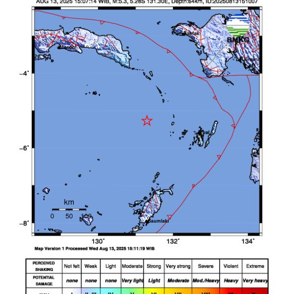 Gempa Berkekuatan 5,3 SR di 165 km BaratLaut MALUKUTENGGARA Tidak Berpotensi Tsunami