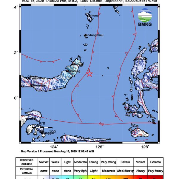 Gempa Berkekuatan 5,2 SR di 64 km Tenggara BITUNG-SULUT Tidak Berpotensi Tsunami