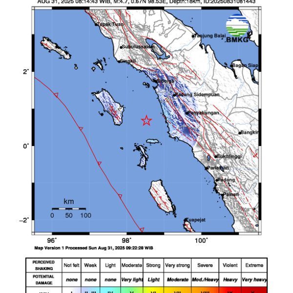 Gempa Berkekuatan 4,7 SR, pusat gempa berada di laut 80 km timurlaut Nias Selatan