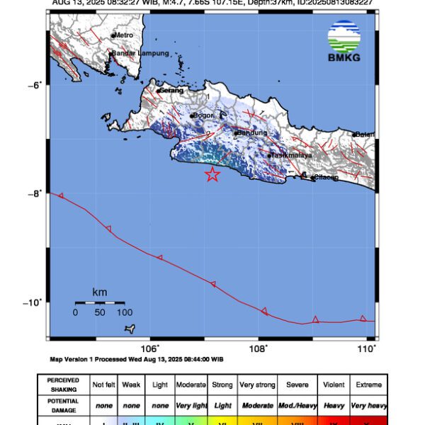 Gempa Berkekuatan 4,7 SR, pusat gempa berada di laut 82 km Barat daya Kab. Bandung