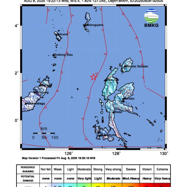 Gempa Berkekuatan 5,4 SR di 80 km BaratLaut HALMAHERABARAT-MALUT Tidak Berpotensi Tsunami