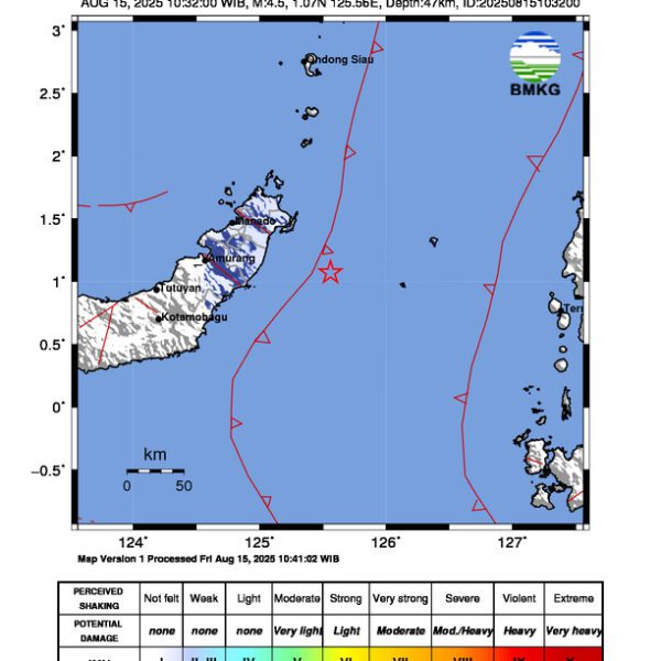 Gempa Berkekuatan 4,5 SR, pusat gempa berada di laut 63 km tenggara Bitung