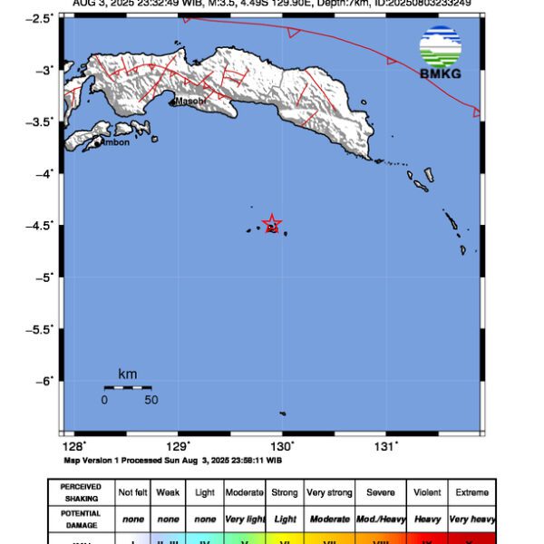 Gempa Berkekuatan 3,5 SR, pusat gempa berada di laut, 131 km Selatan Tehoru