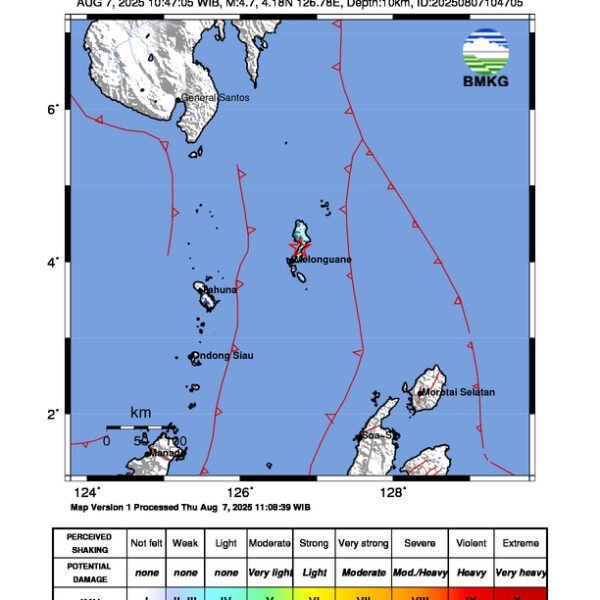 Gempa Berkekuatan 4,7 SR, pusat gempa berada di darat 23 km timur laut Melonguane