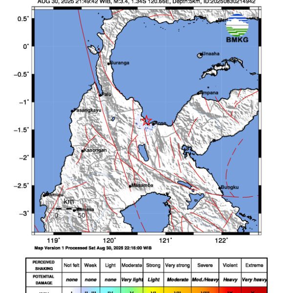 Gempa Berkekuatan 3,4 SR, pusat gempa berada di laut 12 km baratlaut Poso